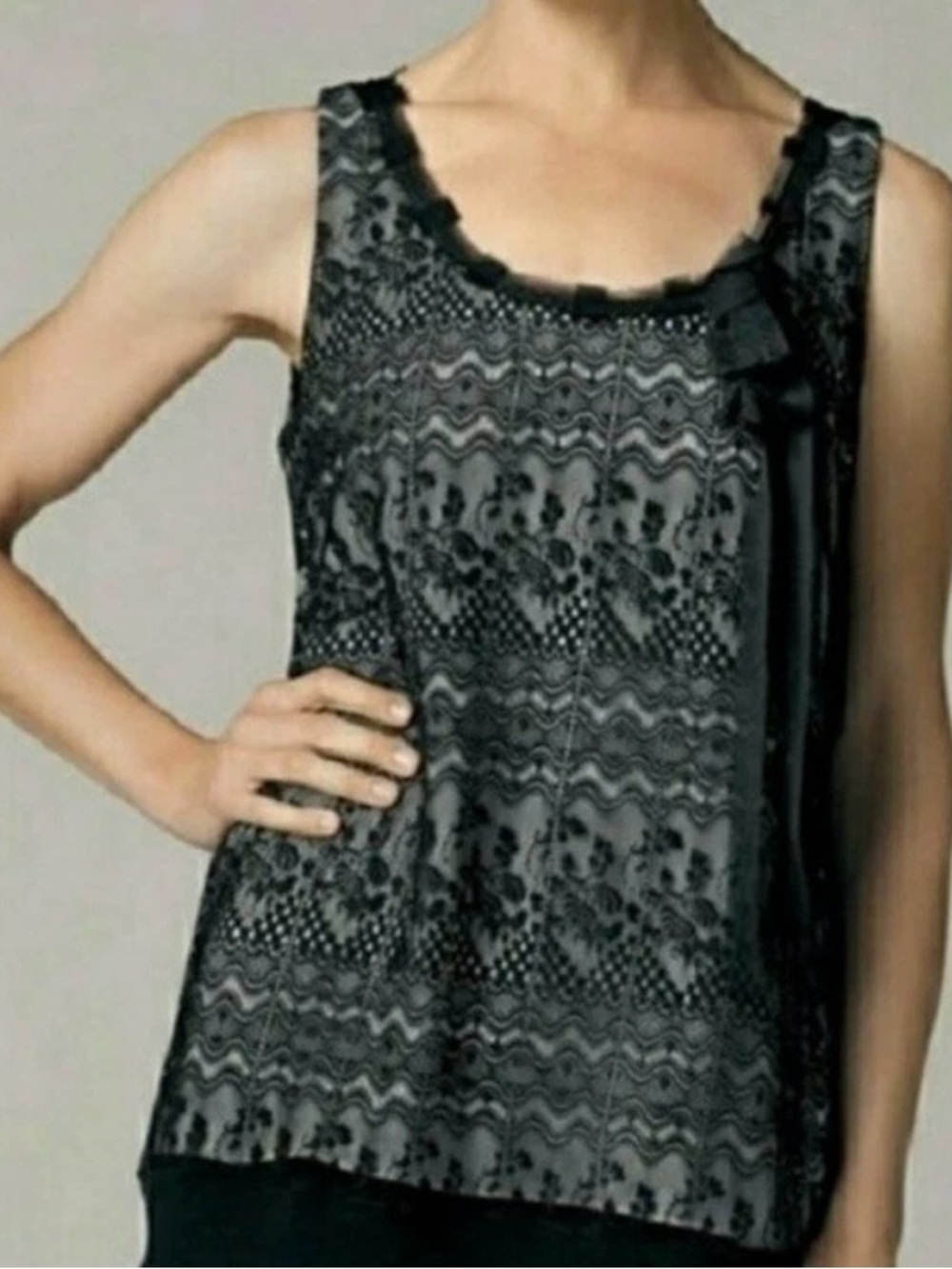 CAbi Black Lace Overlay Tie-Neck Sleeveless Camisole